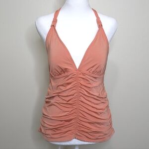 Athleta Tankini Top Large Ruched Peach Coral Tie Back Adjustable Strap Beachwear